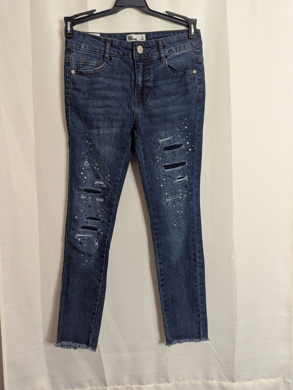 Epic Threads Dark Blue Skinny Jeans with Rhinestone Distress